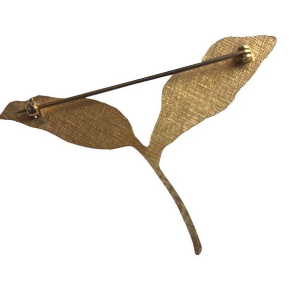 Green Two Leaf Brooch Pin Vintage Gold Tone Women's Party Wedding Accessory - Picture 3 of 3